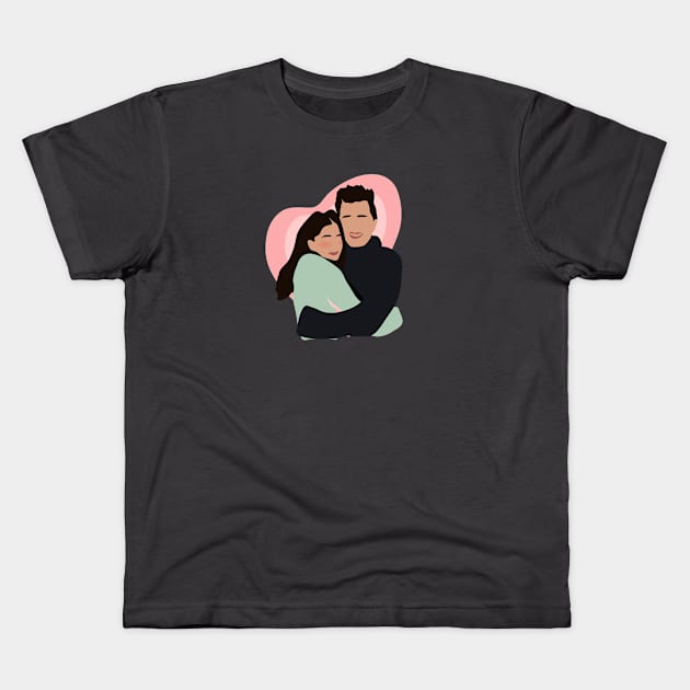 cute couple hugging with pink heart in backgorund, vector illustration, without face, Kids T-Shirt by zaiynabhw